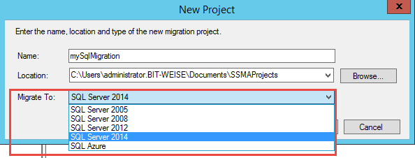 Migrationsziel auswählen Projekt anlegen 2